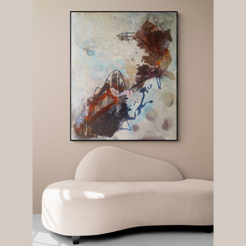 Z-SOLGT - Abstrakt, stort maleri 100×120 i lyse og varme farver - Tinadalbøge.dk